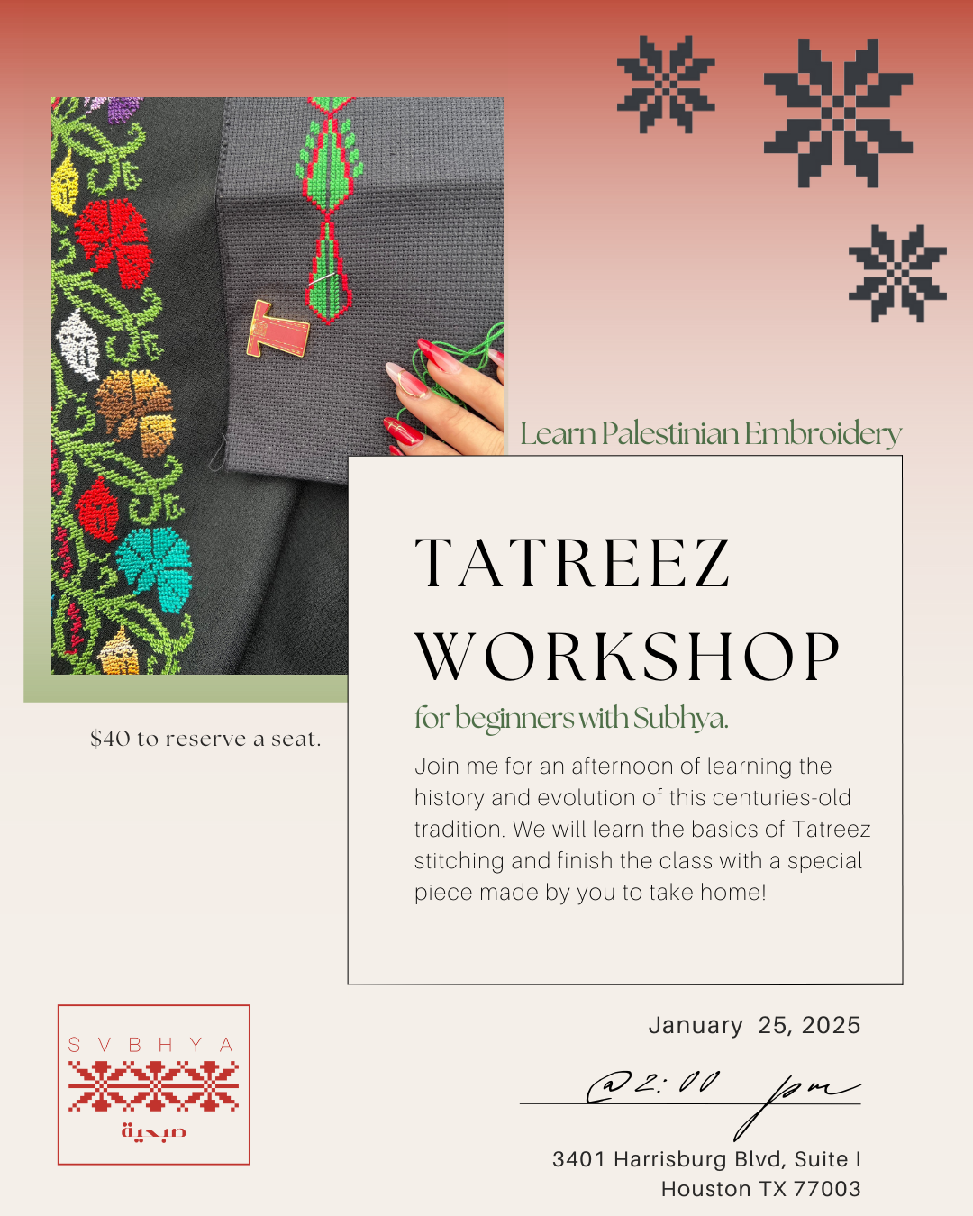 Tatreez Workshop for Beginners: Learn Palestinian Embroidery!